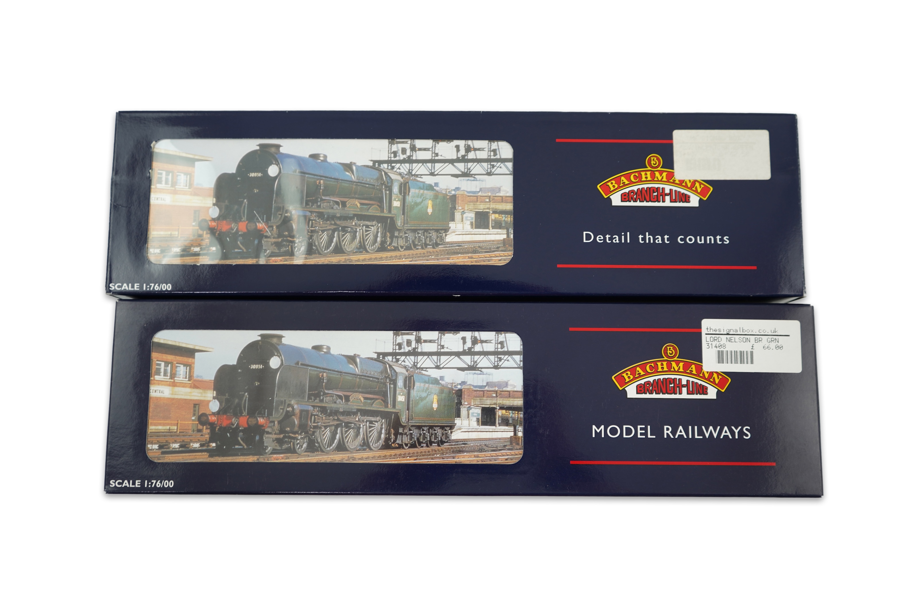 Two boxed Bachmann Branchline 00 gauge railway Lord Nelson Class tender locomotives; an SR Lord St. Vincent 856, (31-407), together with a BR Lord Nelson 30850, (31-408)